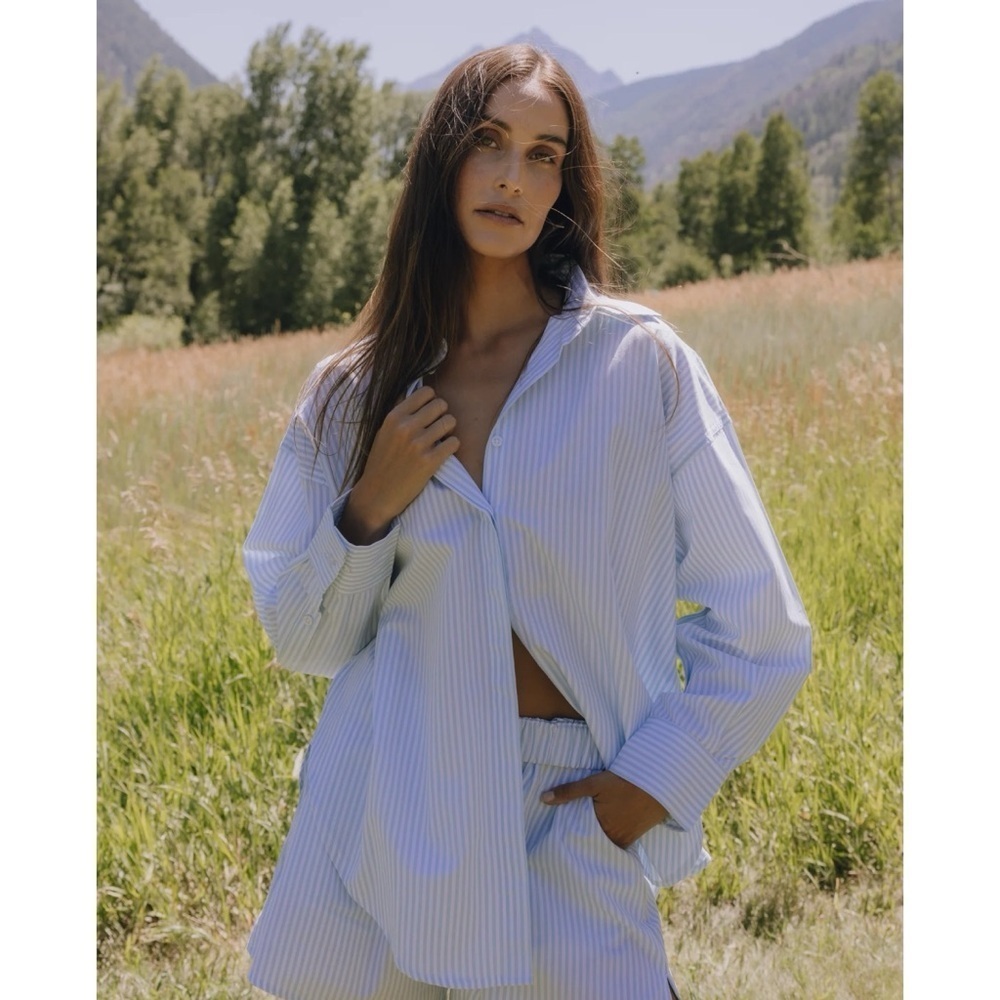 Daily Drills Poplin Button Down Top Blue White Stripe Oversized XS / S